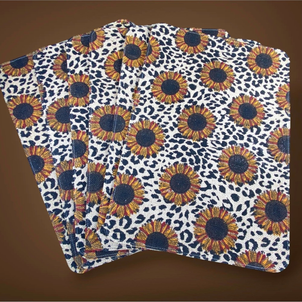 Sunflower Leopard Print Placemats Set of 6 Burlap Fall Table Decor 2010s